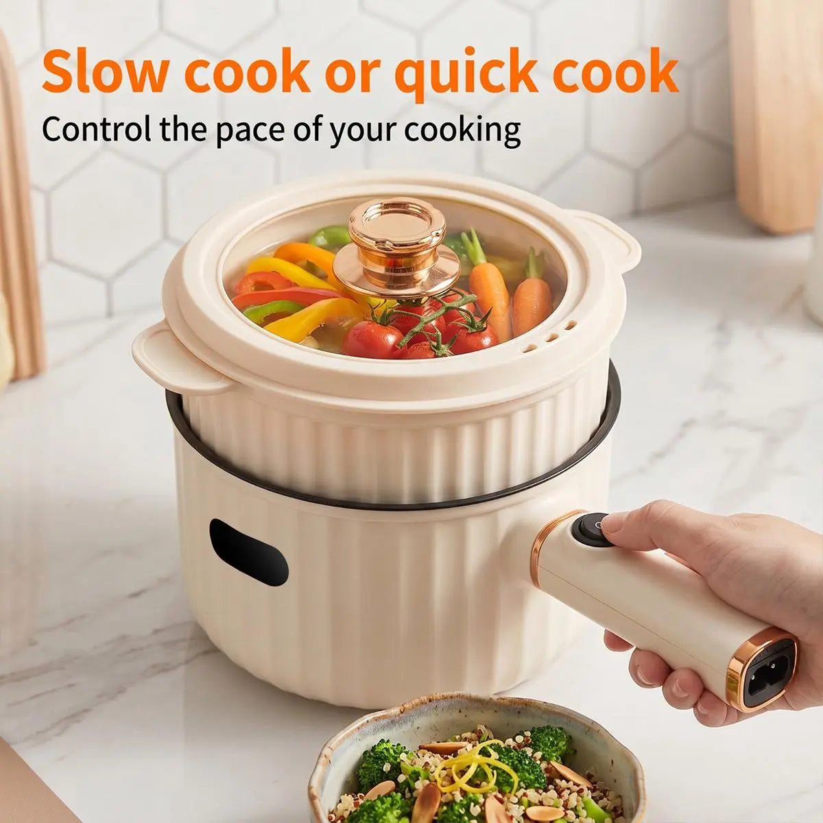 1.4L Compact Non-Stick Electric Hot Pot with Steamer - Portable Heating Cooker with Adjustable Temperature Control, Detachable Plug, and Overheat Protection for Dorm Use