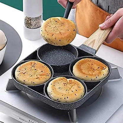 4-Hole Nonstick Medical Stone Coat Aluminium Egg Frying Pan with Wooden Handle, Induction & Stove Compatible Durable Easy-To-Clean Breakfast Omelet Maker Cookware Skillet