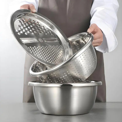 Homeessentials Multifunctional Cutting Machine - 3-in-1 Stainless Steel Strainer Set with Basin, Sieve, and Cutter for Washing Rice, Fruits, and Vegetables - Essential Kitchen Tool