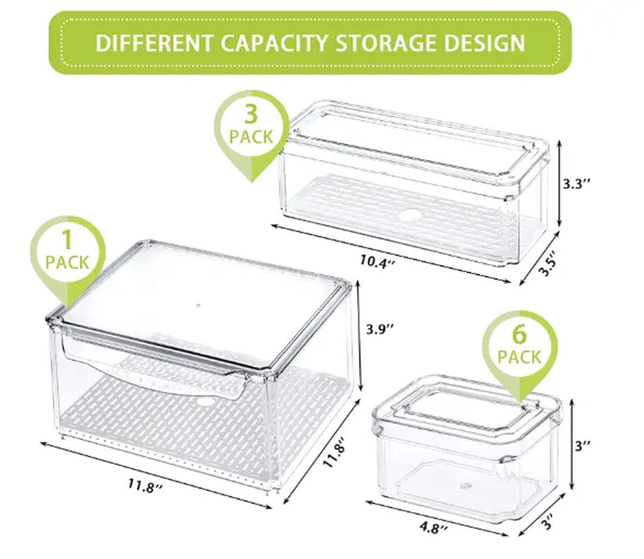 10 Pack Refrigerator Pantry Organizer Bins Stackable Fridge Organizer Bins with Lids Container Kitchen Set Storage Clear PET Material Odor-Resistant Space-Saving
