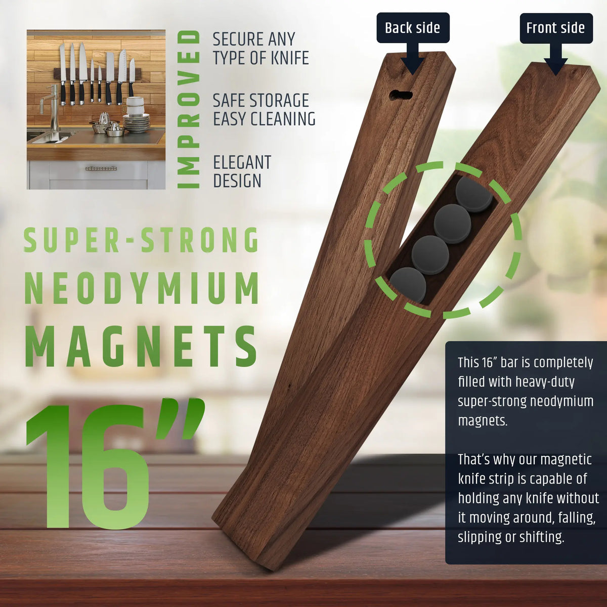 Premium Dark Walnut Wood Magnetic Knife Holder for Wall | 16 Inch | Upgraded Version | Professional Wooden Magnetic Knife Strip - Space-Saving Knife Rack/Knife Bar