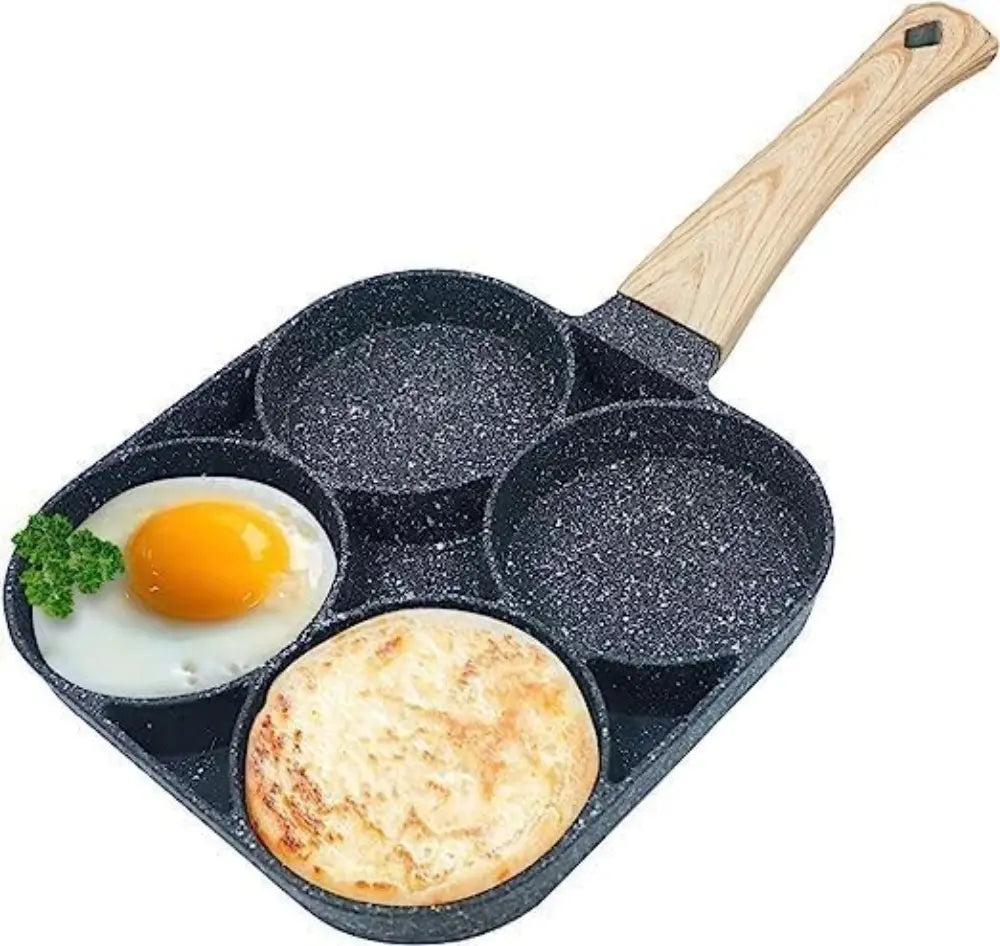 4-Hole Nonstick Medical Stone Coat Aluminium Egg Frying Pan with Wooden Handle, Induction & Stove Compatible Durable Easy-To-Clean Breakfast Omelet Maker Cookware Skillet
