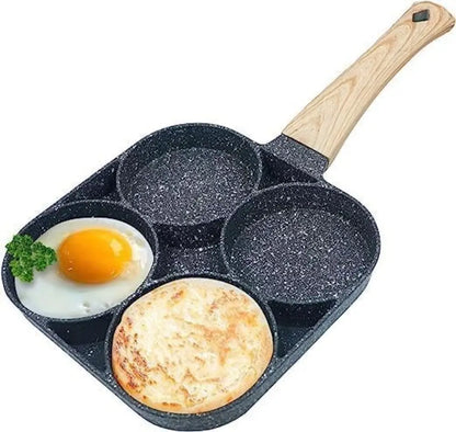 4-Hole Nonstick Medical Stone Coat Aluminium Egg Frying Pan with Wooden Handle, Induction & Stove Compatible Durable Easy-To-Clean Breakfast Omelet Maker Cookware Skillet