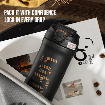 Soher Classic Stylish Stainless Steel Portable Insulated Thermal Mug - Leak-Proof Single Tumbler with Secure Locking Flip Lid, Wide Mouth Reusable Vacuum Flask for Office, Car Use
