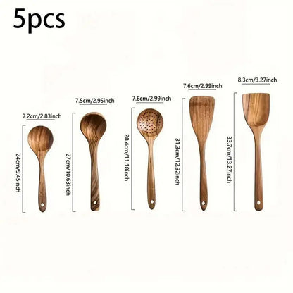 5-Piece Solid Wood Kitchen Utensil Set - Heat-Resistant Ergonomic Cooking Tools (Spatula, Slotted Turner, Ladle, Serving Spoon) - Durable, Easy-Clean, Eco-Friendly Accessories for Non-Stick Cookware, Ideal Gift for Home Kitchen and Parties, Sohochic