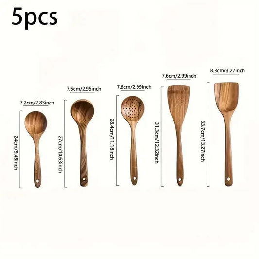 5-Piece Solid Wood Kitchen Utensil Set - Heat-Resistant Ergonomic Cooking Tools (Spatula, Slotted Turner, Ladle, Serving Spoon) - Durable, Easy-Clean, Eco-Friendly Accessories for Non-Stick Cookware, Ideal Gift for Home Kitchen and Parties, Sohochic