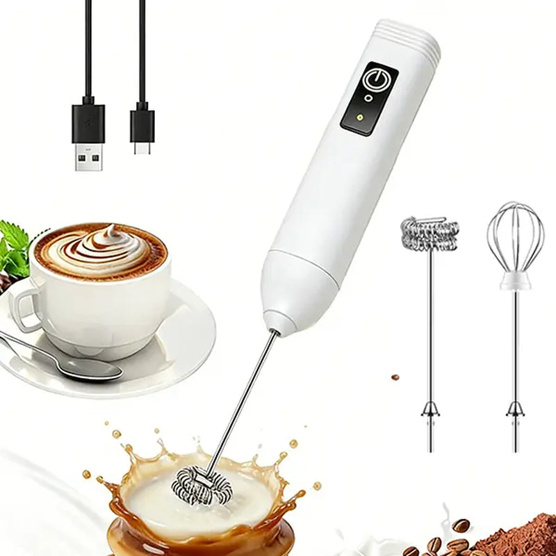High-Powered Compact Cappuccino Milk Frother with USB-C Rechargeable Electric Foam Maker, Dual Stainless Steel Whisks, 3 Speed Settings, and One-Button Operation - Lightweight Portable Mixer for Coffee and Protein Drinks