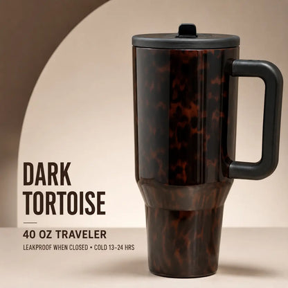Hydrojug Traveler 40 oz Dark Tortoise Tumbler - Insulated Stainless Steel Water Bottle with Handle and Leakproof Flip Straw Lid, Ideal for Gym and Travel, 13-24 Hour Cold Retention
